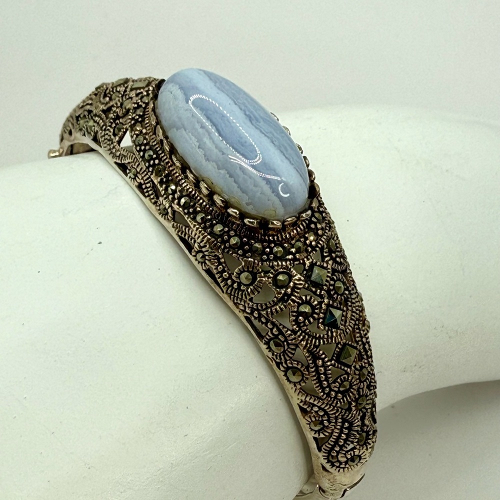 Vintage Sterling Silver Marcasite & Blue Lace Agate Hinged Bangle Bracelet 6.5-7 - Picture 11 of 17